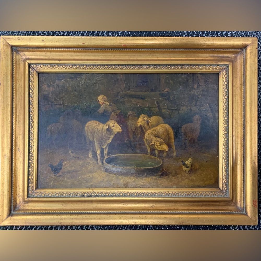 Sheepfold Painting with ornate gold frame 19C